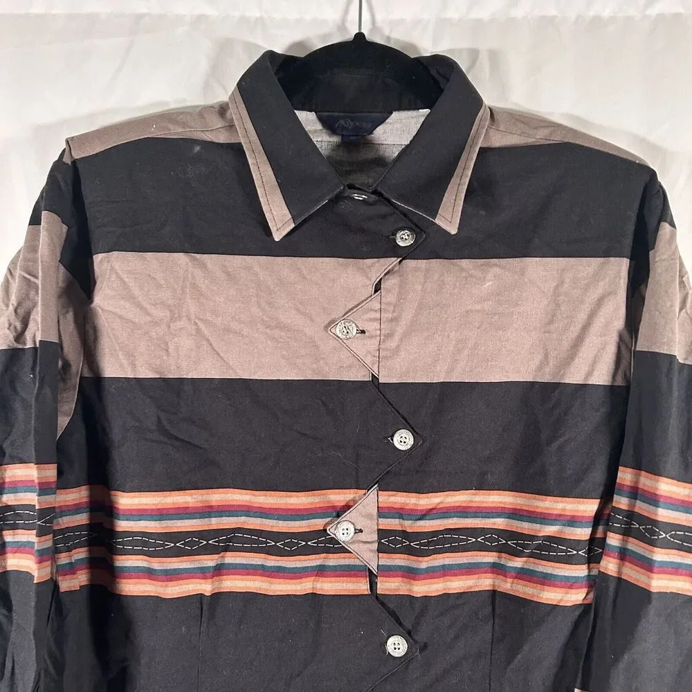 Roper Shirt Women's Medium Blue Grey Striped Button Up Collared Shoulder Pads - Picture 2 of 9